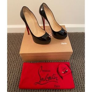 CHRISTIAN LOUBOUTIN BLACK PATENT LADY PEEP 150